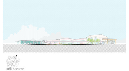 Section drawing highlighting factory and market.