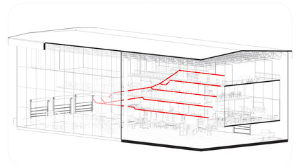 Perspective view in black and white and with red lines going through the building