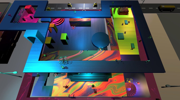 Simulation of an aerial shot of a colorful multipurpose entertainment building